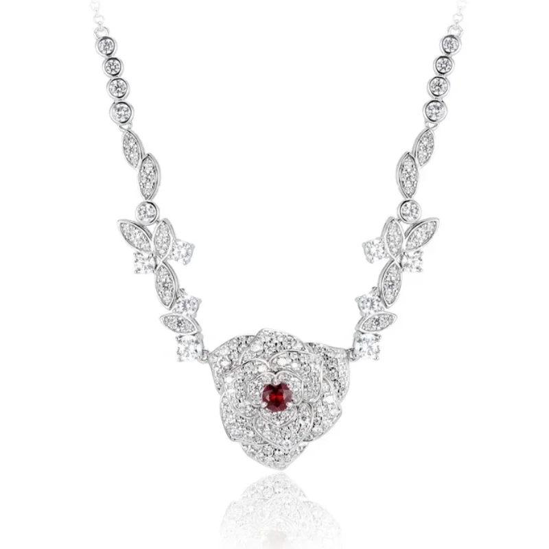

Bellux Flower design Light Luxury Necklace 925 Silver Synthetic Zircon Fashion Ruby Pendant