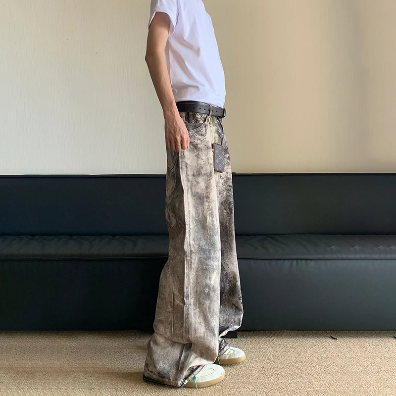 WTHT ファッションメンズ迷彩プリントハイストリートデニムパンツヴィンテージトレンディなルーズワイドレッグストレートジーンズ男性夏 2A0138