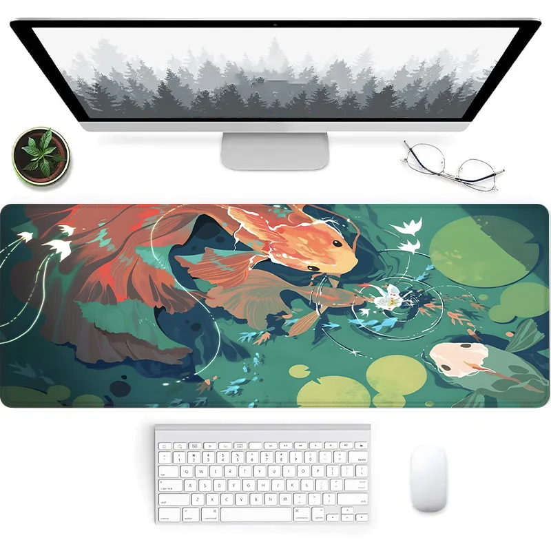 Koi Fish Pond Mouse Pad - Extended XXL Desk Mat with Non-Slip Rubber Base - Water-Resistant Oblong Gaming Mousepad for Computers