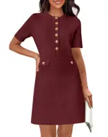 Womens Knit Button Dress Short Sleeve A-Line Business Casual Elegant Work Dress