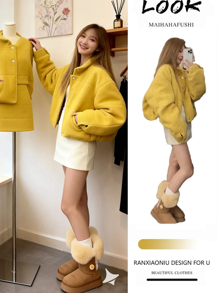 

Winter Thiened ort Cotton Jaet And High Waist Skirt Women's Faion Set Casual Sle Long Sve High Waist Two-Pi...