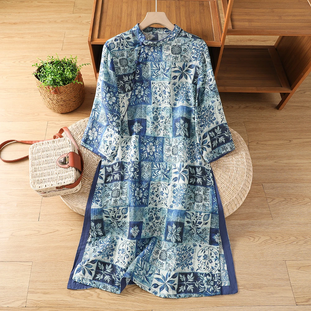 Summer New Retro Cotton Linen Dress Women's Midi Loose Chinese Style Oblique Button Skirt Ethnic over Knee Elegant Short Sleeve