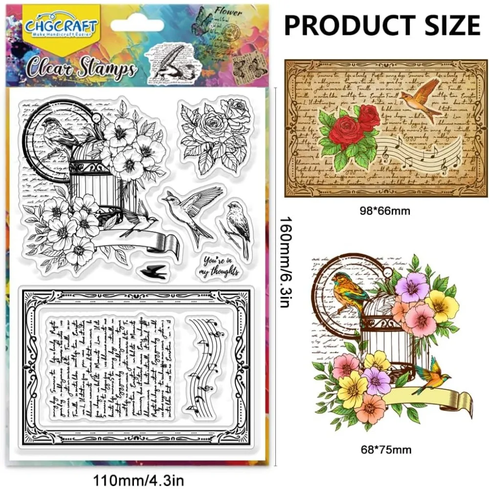 Retro Flower Clear Stamps Bird Text Background Transparent Stamps for Card Making Clear Stamp Seals for Cards Journal Album