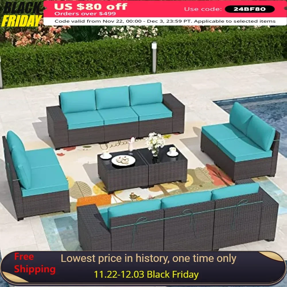 12 Pieces Outdoor Patio Furniture Set, PE Rattan Patio Conversation Set w/10 Turquoise Blue Seat Cushions and 2 Coffee Tables