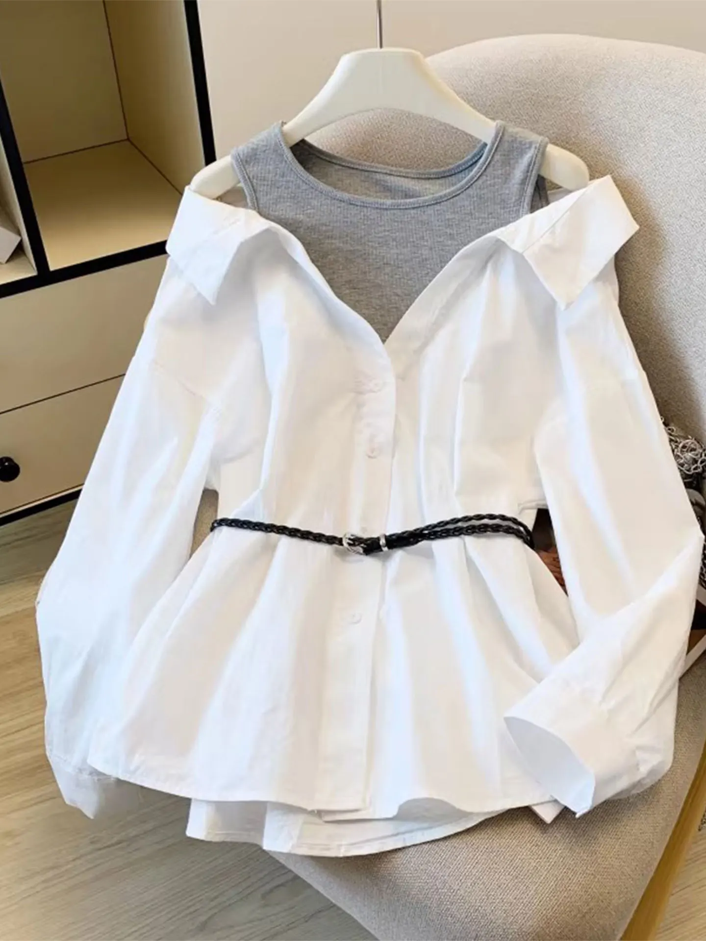 

Ele Waist-Cinching oulder-Bared Long Sve White irt Women's Faion Spring Large Size Beautiful MM Chic Top