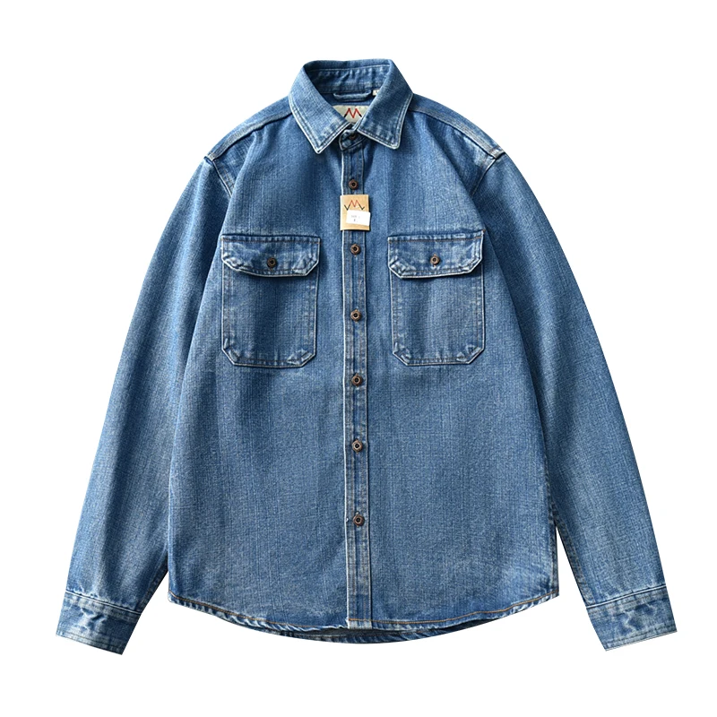 Trendy Men\'s Fashionable Water Wash Blue Denim Shirt Old Loose Retro Work Jacket Long Sleeve