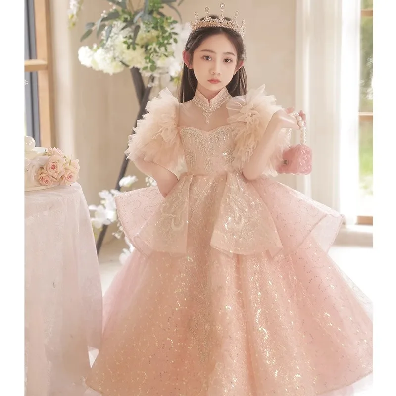 2024 Luxury Gala Dress for Teens Girl Infants Sequins Tutu Sleeve Maxi Dresses for Party Kids Catwalk Costume Children Ball Gown