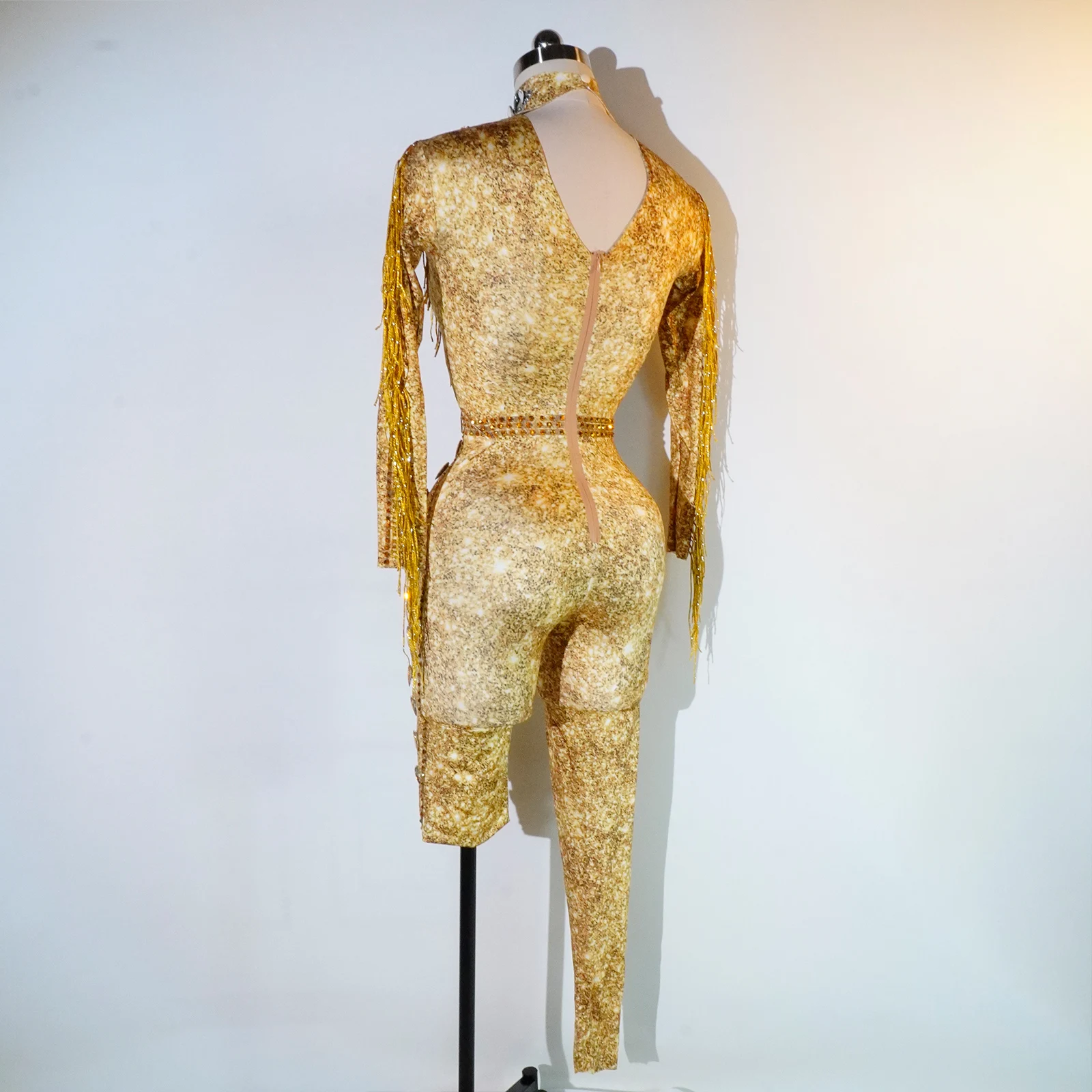 Sparkly Rhinestones High Quality fringe Gold Long Sleeved Elastic Jumpsuit Birthday Party Bar Stage Performance Nightclub Queen