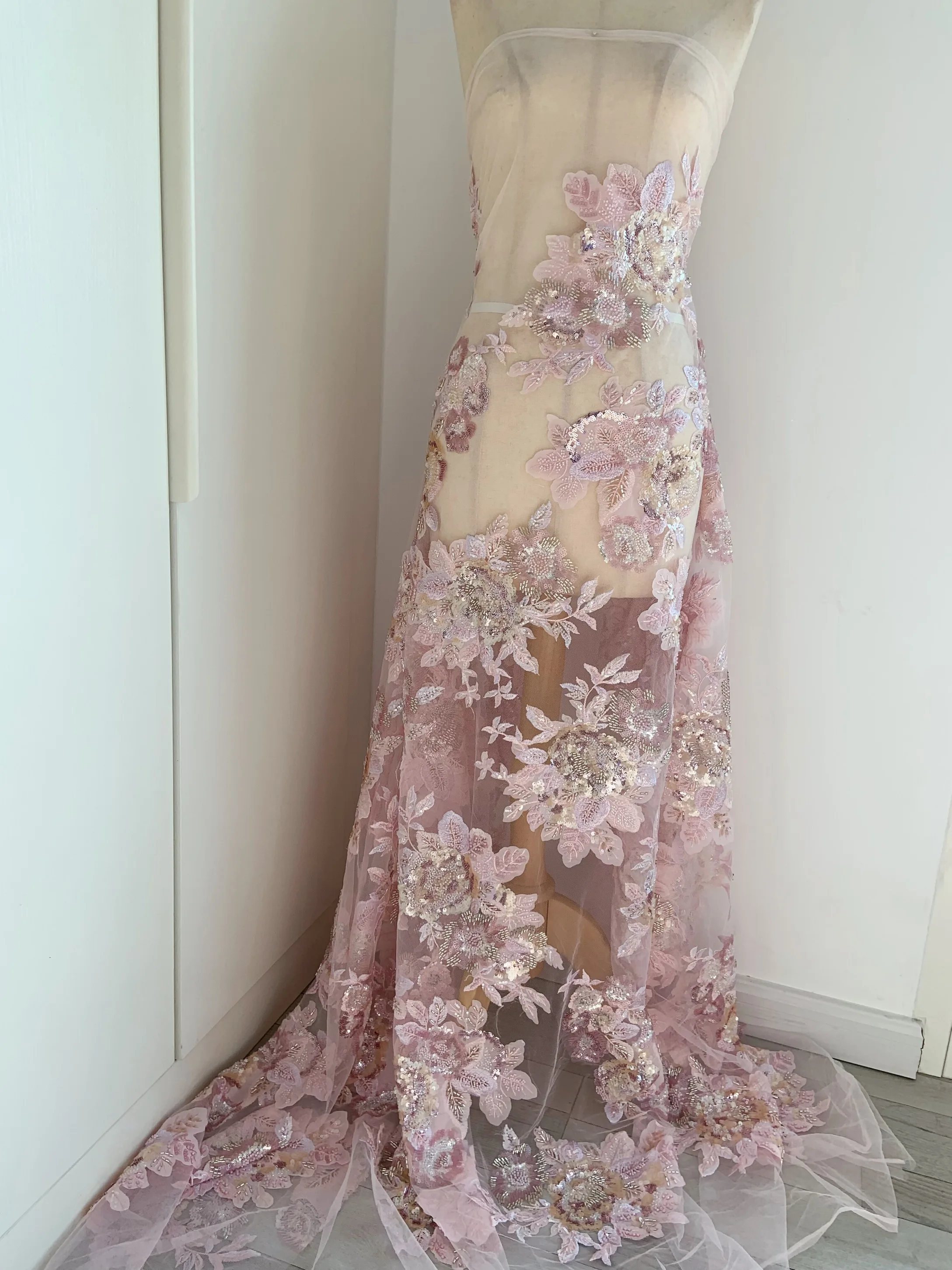 

1 yard Luxury Blush Pink Beaded Lace Fabric 3D Flower Embroidered Tulle for Bridal Gown Evening Dress