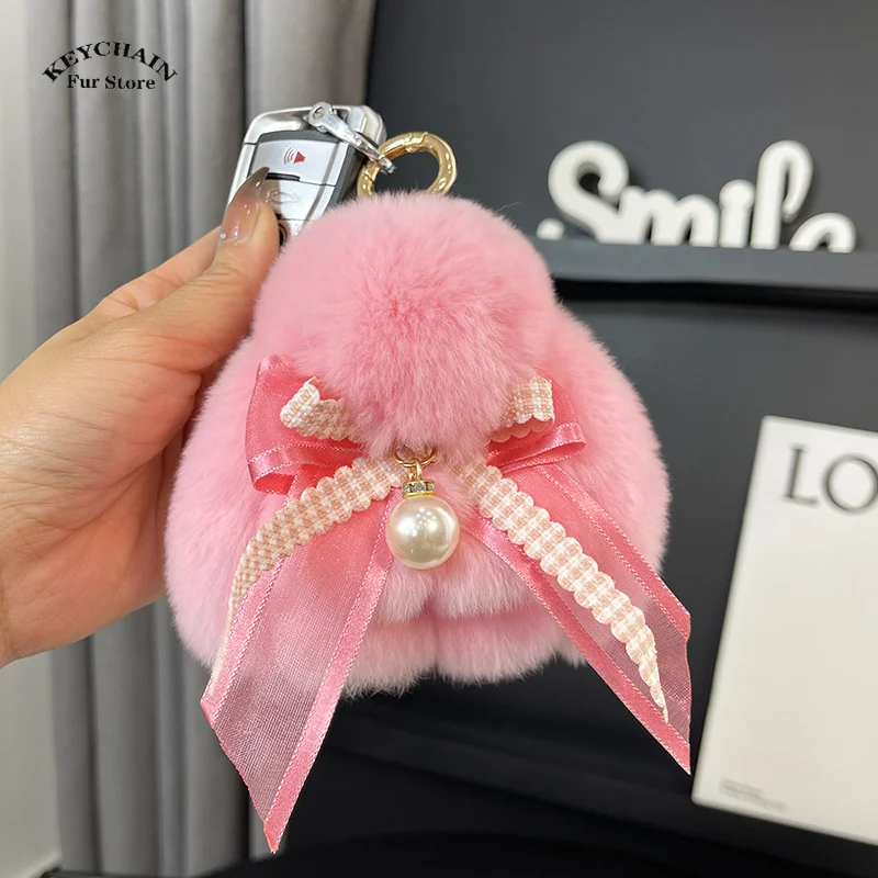 

Cute Rabbit Keychain Fur Ring Fluffy Real Fur Bunny Pompon Trinket Key Chain Chain Charm Cute Key Ring On Bag Car Key Pendant