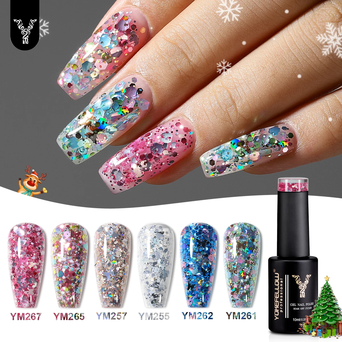 YOKEFELLOW 10ml Glitter Gel Nail Polish Butterfly Sparkly Shiny Glitter Sequins Soak Off UV Gel Varnish Christmas DIY Nail Art