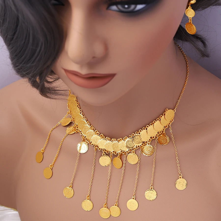 24K Gold Round Two Piece Set, Ethiopian, Middle East, European and American Women's Jewelry, Dubai Earrings, Necklace, Wedding J