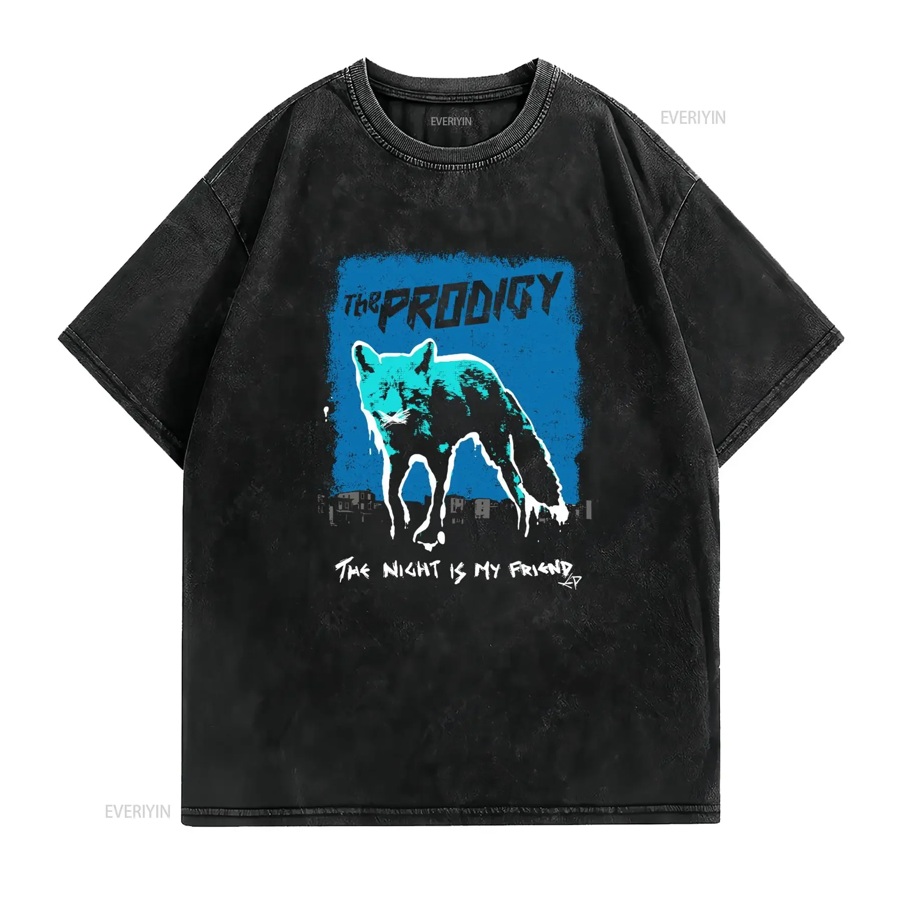 Vintage Streetwear The Prodigy Band Fox Night Slogan Print Casual T Shirt vintage Washed Unisex Slightly Stretched graphic