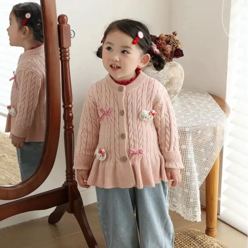 

Кардиган Hello Kitty для девочек Sanrio, повседневный свитер принцессы с героями мультфильмов Kawaii, милое вязаное пальто, весенне-осенняя одежда, подарок для девочек, новинка