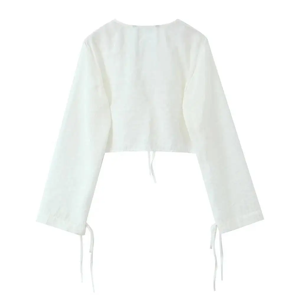 Summer New Product Women's Style Slim Fit V-Neck Long Sleeve Lace Up Flowing Short Shirt Top