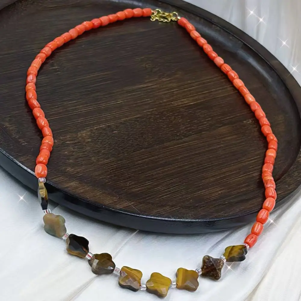17-20inch 12mm 5x7mm Fashion Jewelry Flower Tiger Eye Orange Natural Sea Bamboo Coral Retro Necklace