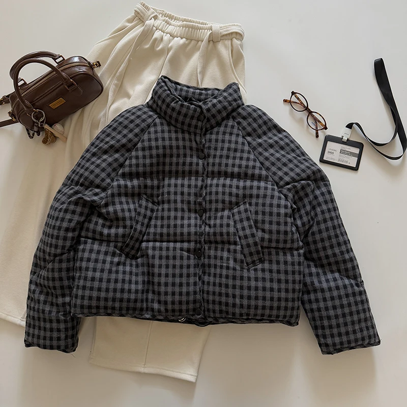 

Retro Women's Down Cotton Jacket Fashion Plaid Stand Collar Thickened Coat Korean Oversize Loose Warm Cotton-padded Outerwear