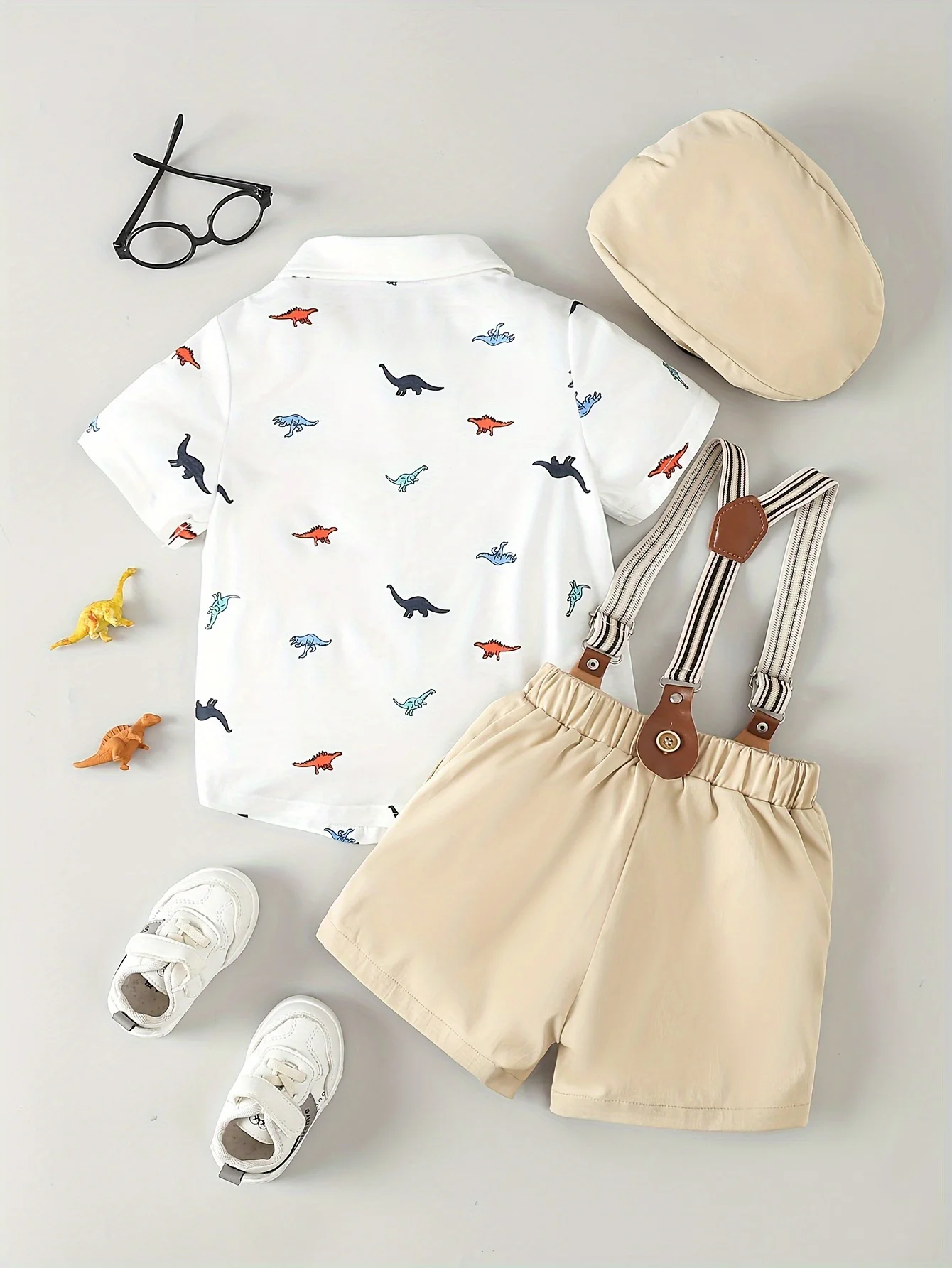 Boys summer short sleeved cute dinosaur printed bow shirt+strap shorts+hat gentleman party dress three piece set