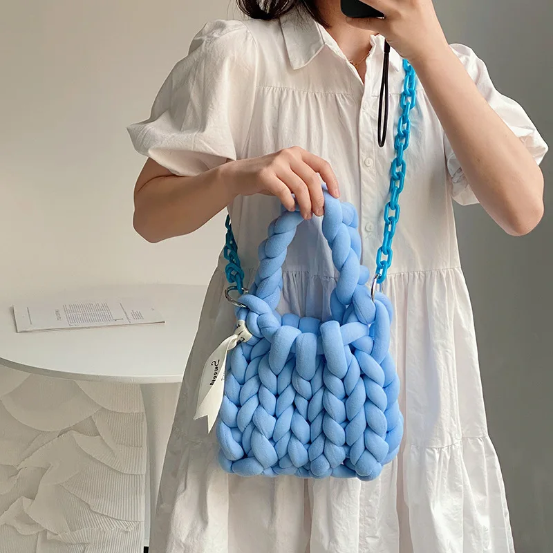 INS Handmade Woven Bag DIY Coarse Wool Crochet Handheld Crossbody Bag Summer Fashion Cool Color Matching