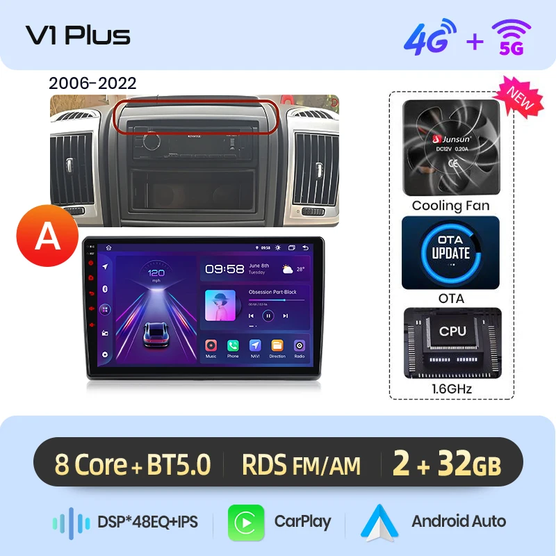 Junsun Draadloze Carplay Android Auto Autoradio Voor Fiat Ducato Peugeot Boxer 2 Citroen Jumper 2 2006 - 2023 Gps Multimedia 2 Din