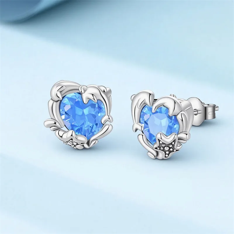 

New 925 Sterling Silver Dolphin Sapphire Earrings Sparkling CZ Zircon Earrings For Women Birthday Anniversary Jewelry Gifts