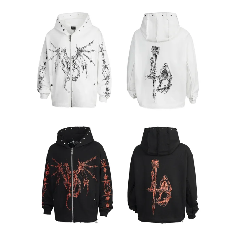 Thug Club 2026 新作 アメリカンスター ムーンドラゴン ボーンサタン デビルプリント ジップアップ フード付き カーディガン スウェットシャツ メンズジャケット