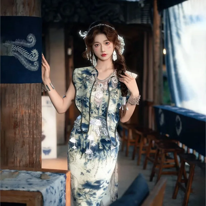 

Новый стильный костюм-ципао для выступлений, одежда в этническом стиле для путешествий и фотосессий, элегантная этническая длинная одежда