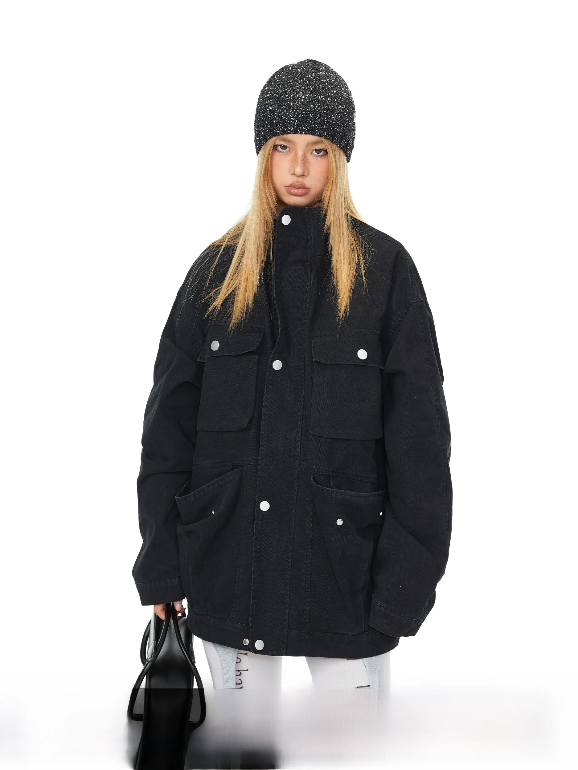 

Ретро Blabb Distred с несколькими карманами и воротником-стойкой, рабочая одежда, джинсовый тюнер, женский свободный крой, мужское повседневное хлопковое пальто