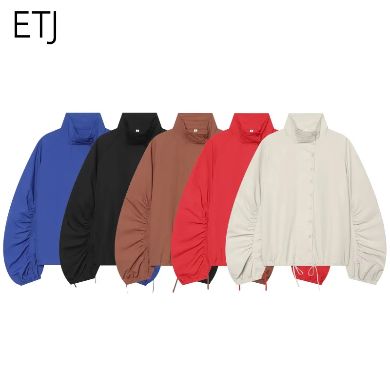 ETJ 2026 Damen Polyester Windbreaker mit Stehkragen, Knopfleiste, Leichtgewicht, Wasserabweisend, Puffärmel, Oversize-Jacke – Detail 23