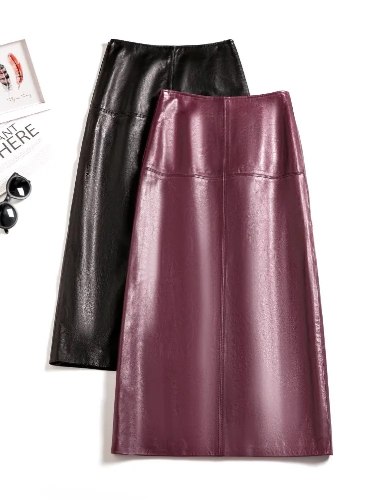 Elegante Büro Damen Schaffell Echtes Leder Langen Rock Hohe Taille Einfarbig Zurück Split Mode Frauen A-linie Röcke S-4XL