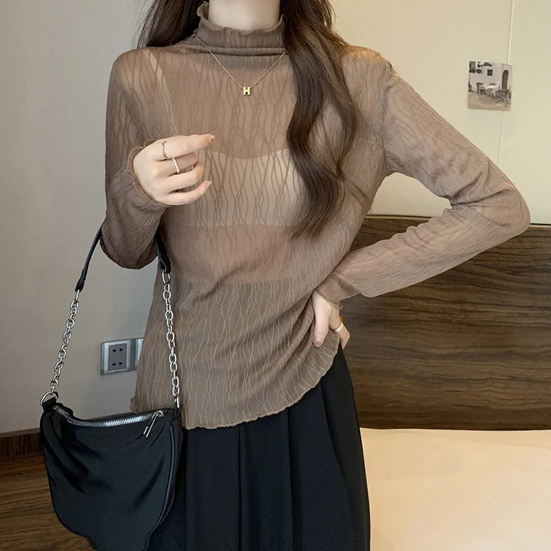 Suéter occidental de cuello medio alto para mujer, Otoño Invierno, nuevo Top ajustado de encaje, jersey de moda ligeramente ajustado