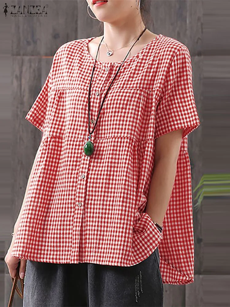 ZANZEA Vintage Gingham Blusas Women 2024 Summer Short Sleeve O Neck Casual Loose Blouses Elegant Button Up Checked Shirts Femme