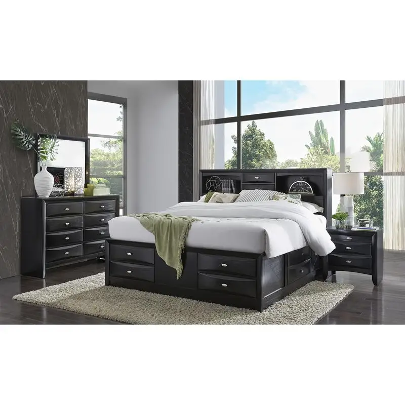 5-Piece Full Bedroom Set in Lucille Black Finish with Modern Design and Sleek Storage Solutions