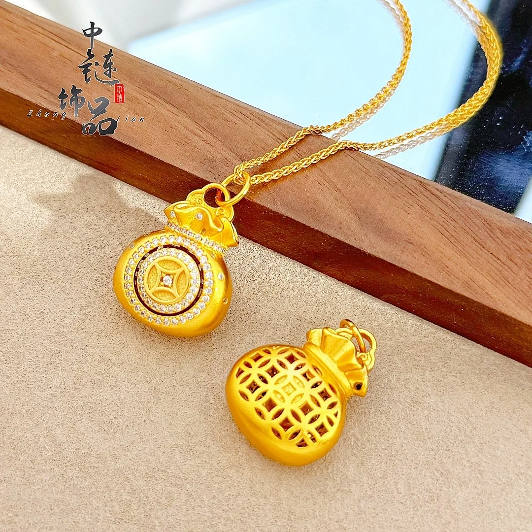 Diamond-studded eight-sided wealth-gathering rotating good-luck pouch pendant9999gold