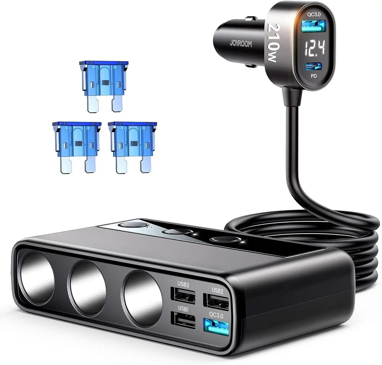 

9 in 1 Cigarette Lighter Splitter, 210W PD/QC 3.0 Dual USB Car Adapter with 3.3FT Cable, 12V/24V Independent Switches