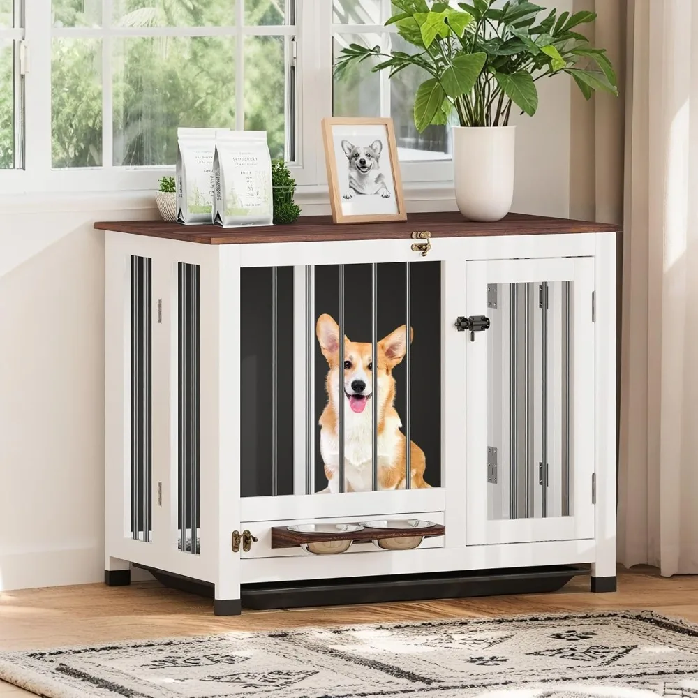 

Dog Crate Furniture - 31.5" Wooden Dog Kennel with Removable Tray & 360° Rotating Feeder | Multi-Functional Dog Cage End Table f