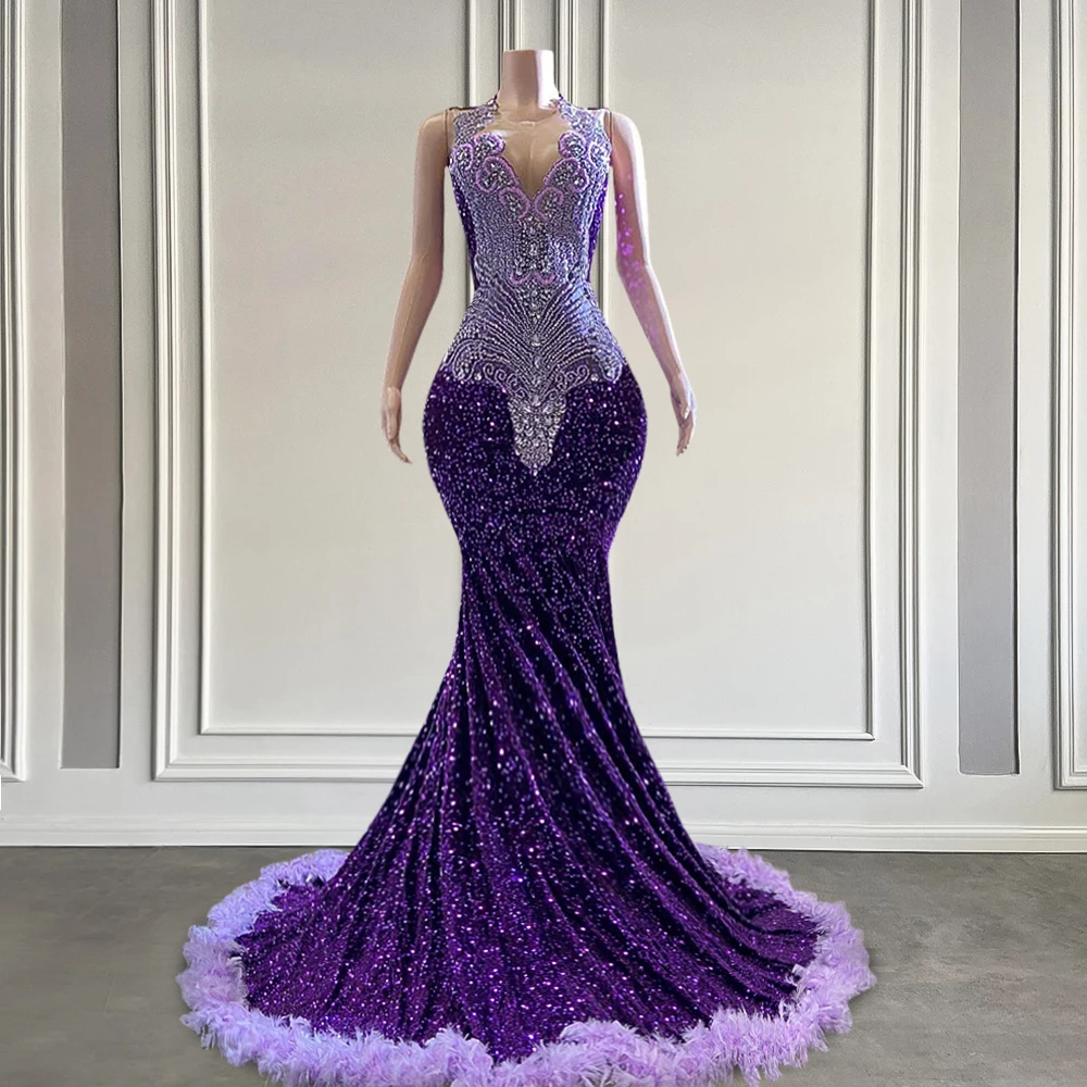 Sparkly Purple Sequin Mermaid Prom Dress Black Girls 2025 Luxury Rhinestones Crystal Feather Long Prom Birthday Gowns Customized