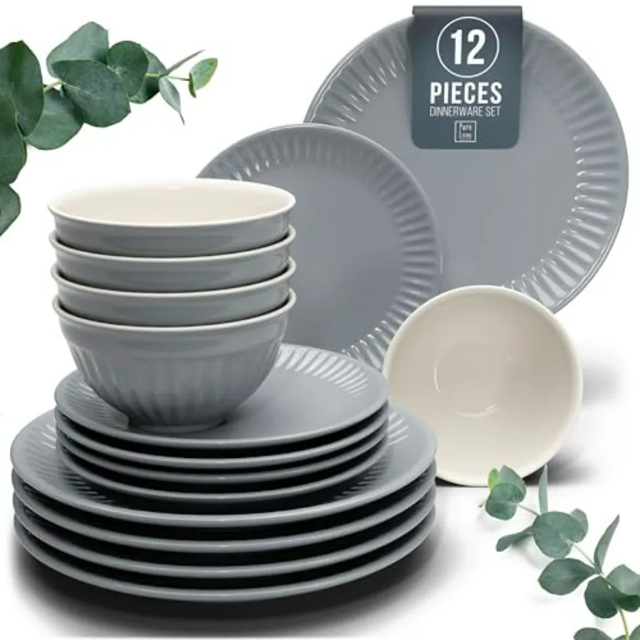 

Stoneware Dinnerware Set for 4 People in Gray-Blue Ribbed Design - Elegant Scandi Tableware Set - Premium HYGGE 12-Piece Bowl a