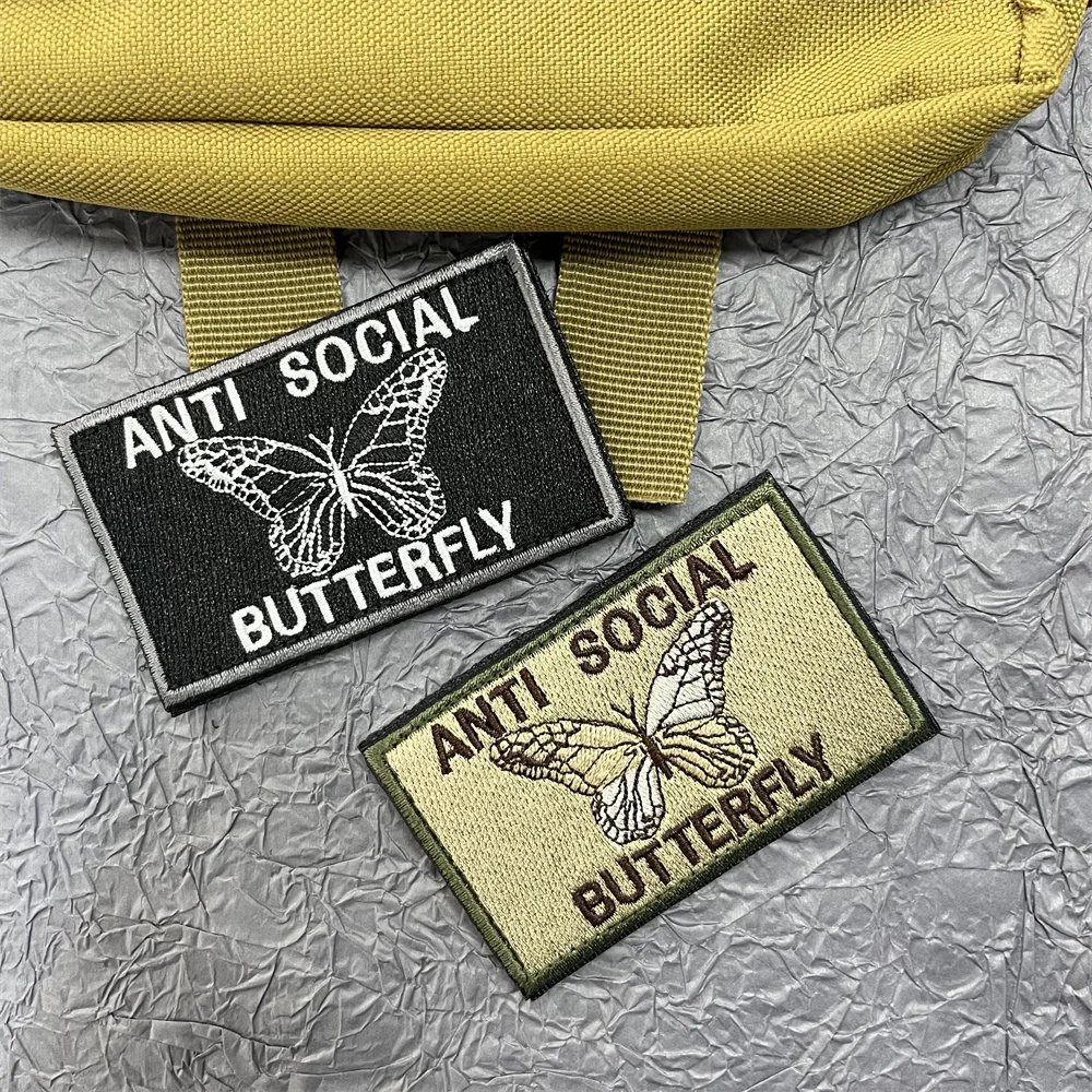 Butterfly Embroidered Patch for Clothes Hook and Loop Patch Tactical Backpack ANTI SOCIAL Applique for Clothing