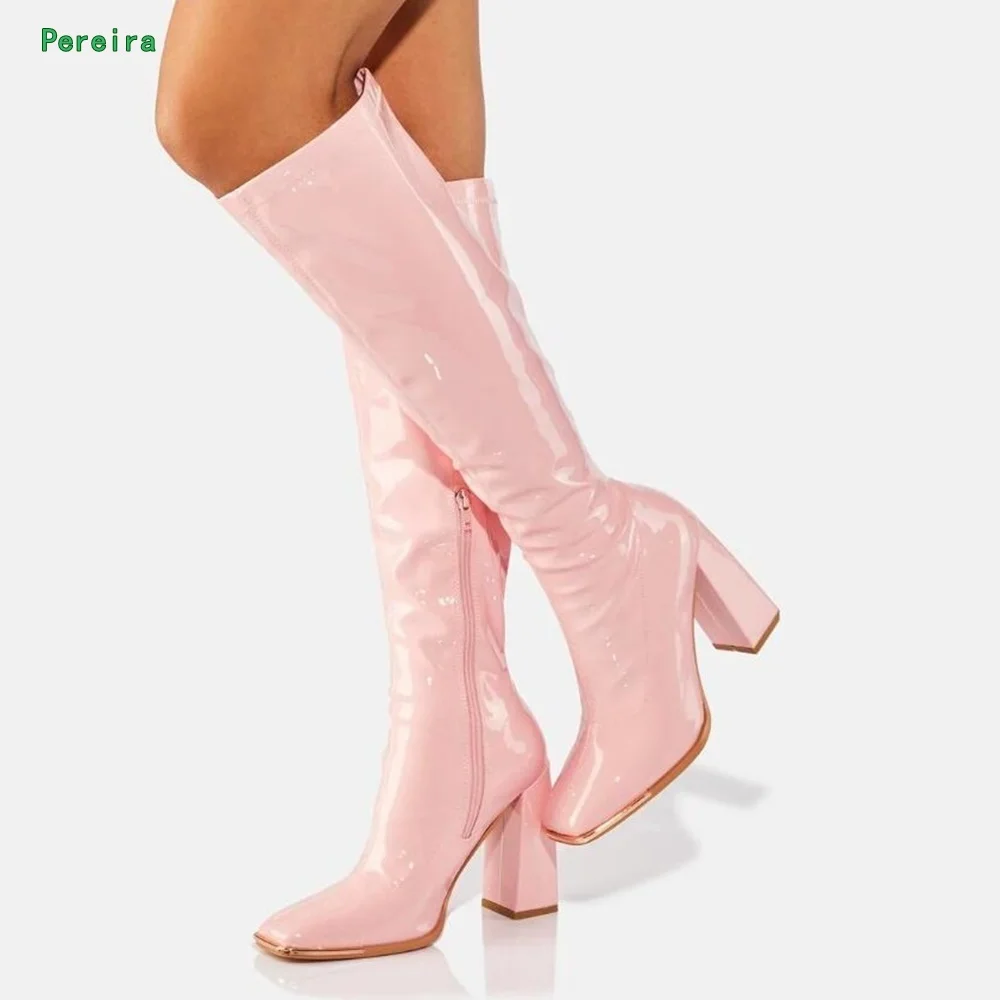 

Pink Sweet Boots 2022 Women's New Arrival Solid Square Toe Chunky Heel Patent Vegan Leather Inside Ankle Zipper Fashion Shoes