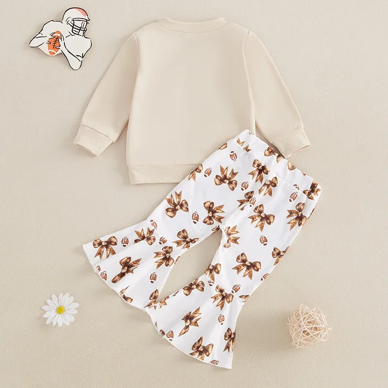 Fashion Autumn Toddler Kids Baby Girls Clothing Sets Long Sleeve Football Bow Embroidery Sweatshirts Flare Pants Casual Outfits