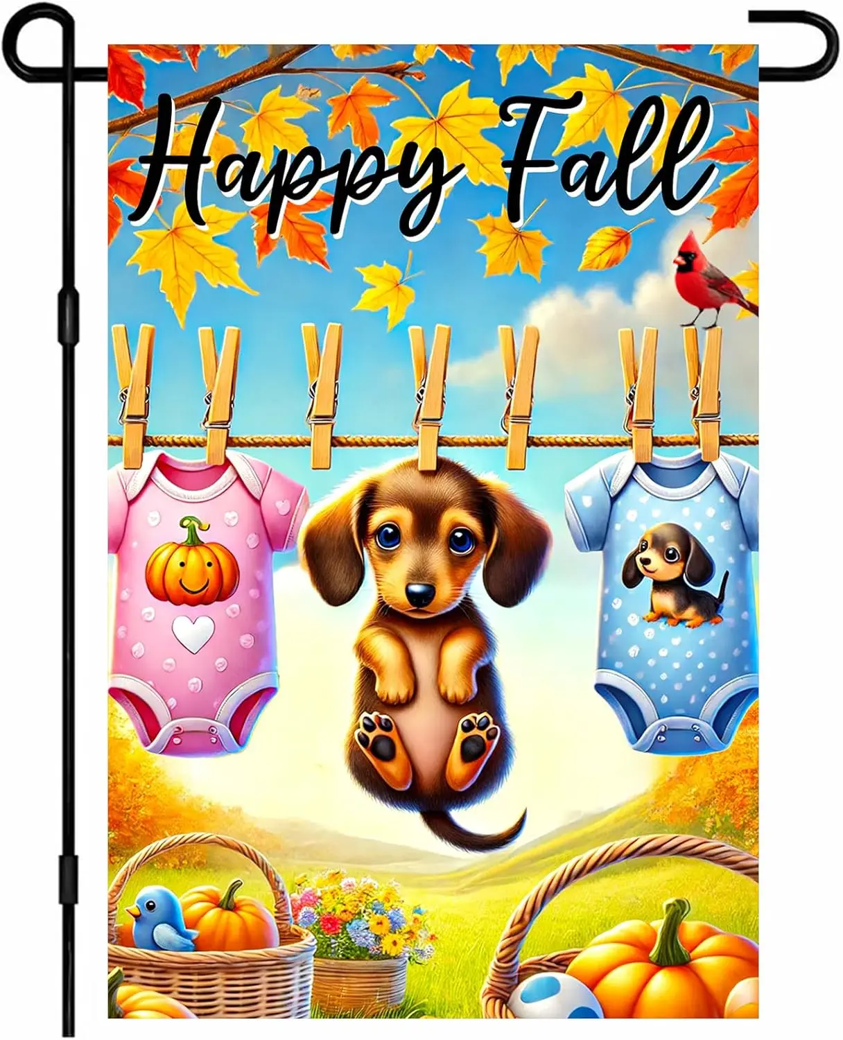 IVN Happy Fall Dachshund Garden Flag 12x18 Inch Double Sided Charming Dog Outdoor Yard Decor Patio Accent with Baby Outfits  yyi