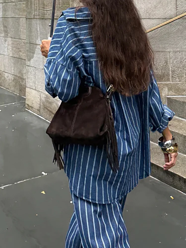 

Striped Printed Women's Casual Two Piece Set Lapel Buttons Long Sleeved Shirt Outfit Denim Elegant Wide Leg Pants Suit 2026 New