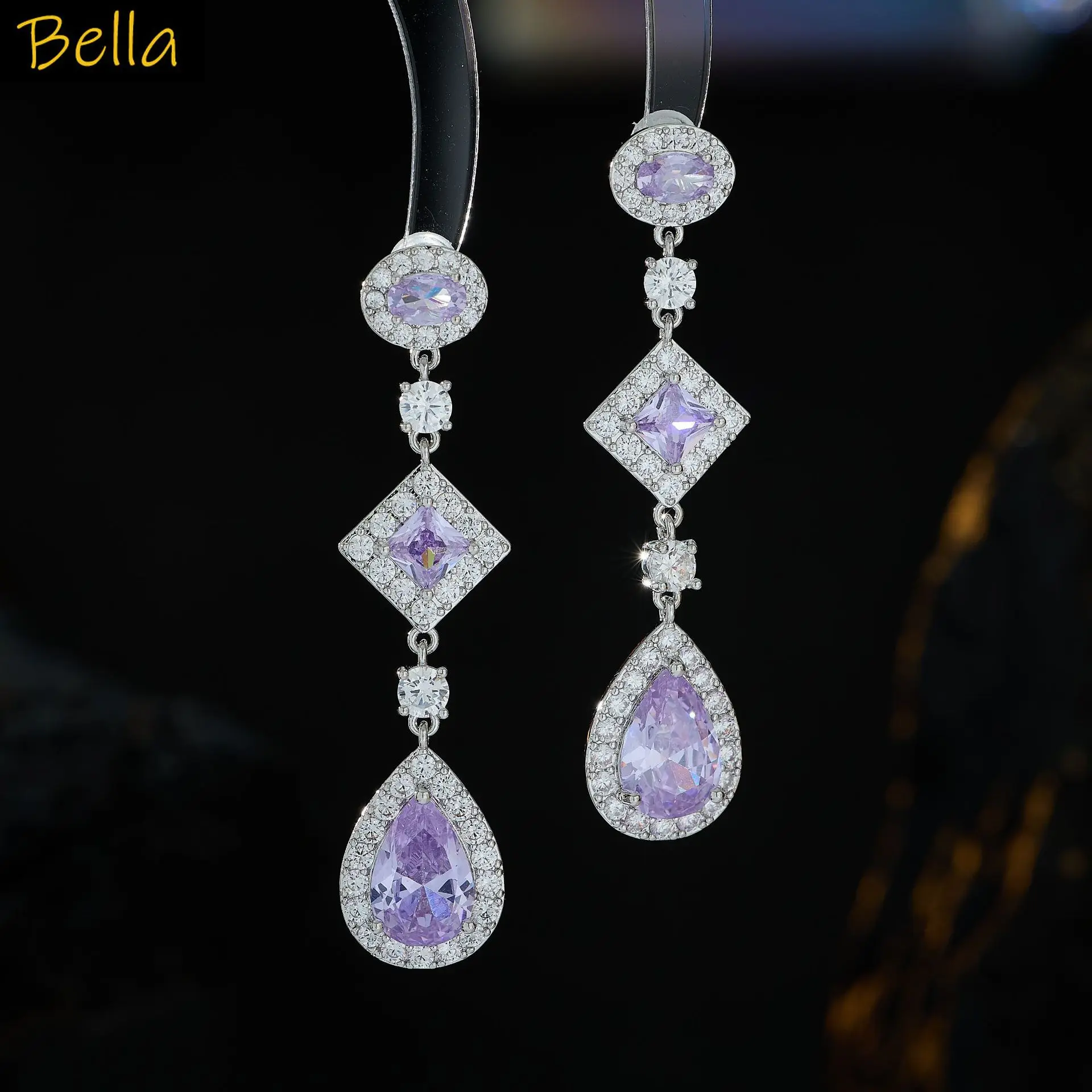 أقراط طويلة باللون الأخضر والأبيض والأرجواني مجوهرات الزركونيا لحفلات العشاء أقراط نسائية أنيقة #3