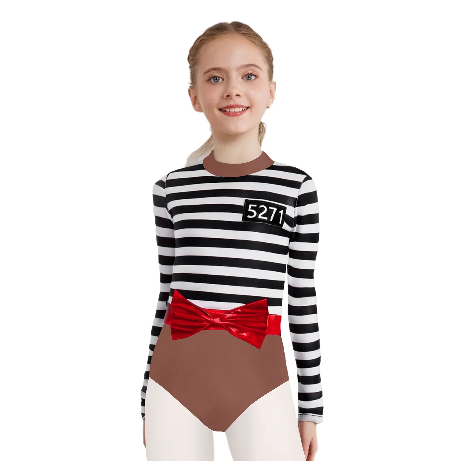 

3Pcs/Set Girls Halloween Prisoner Cosplay Costume Long Sleeve Stripes Crotch Press Buttons Jumpsuit+Bow Waist Belt+Convict Cap
