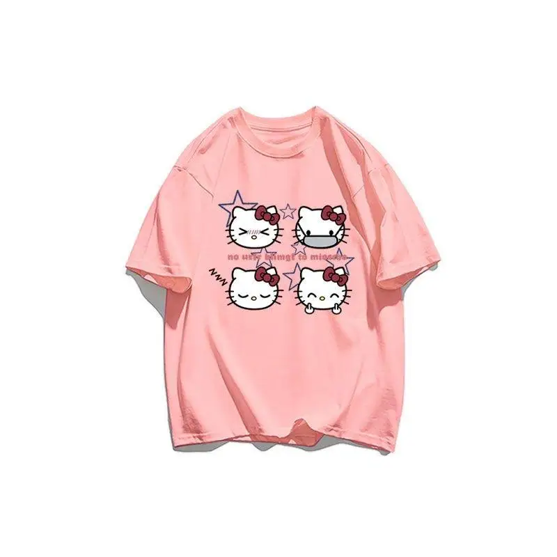 تي شيرت كارتوني من Sanrios Hello Kittys Kawaii لطيف بأكمام قصيرة فضفاض ومتعدد الاستخدامات ومريح وقابل للتنفس هدية لصديقتك