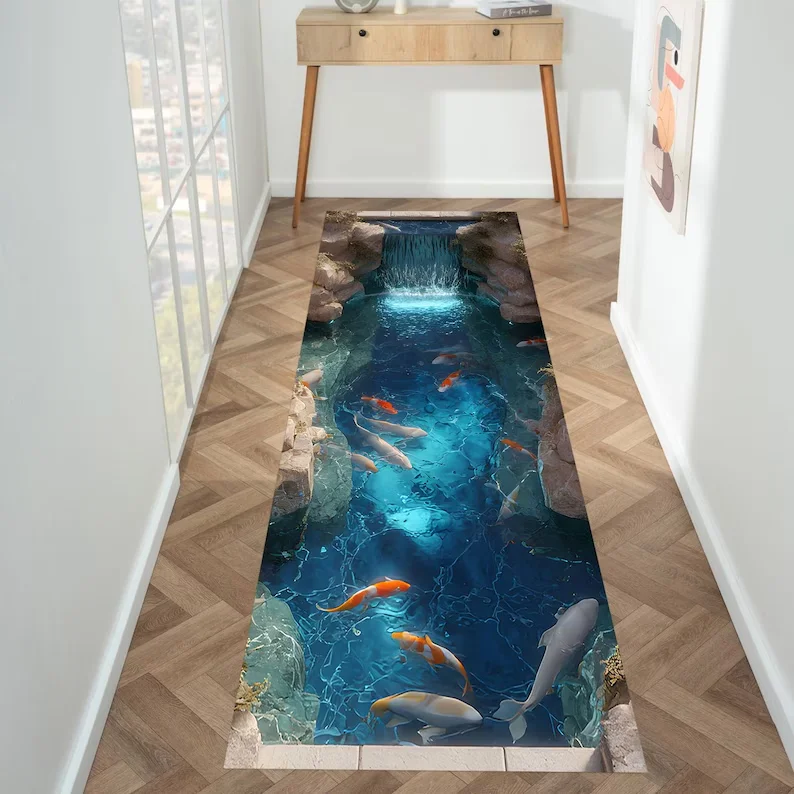 Premium 2D Koi Fish Runner Rug Set Waterfall Pond Print NonSlip Floor Mat for Entryway Hallway Living Room Zen Home Decor