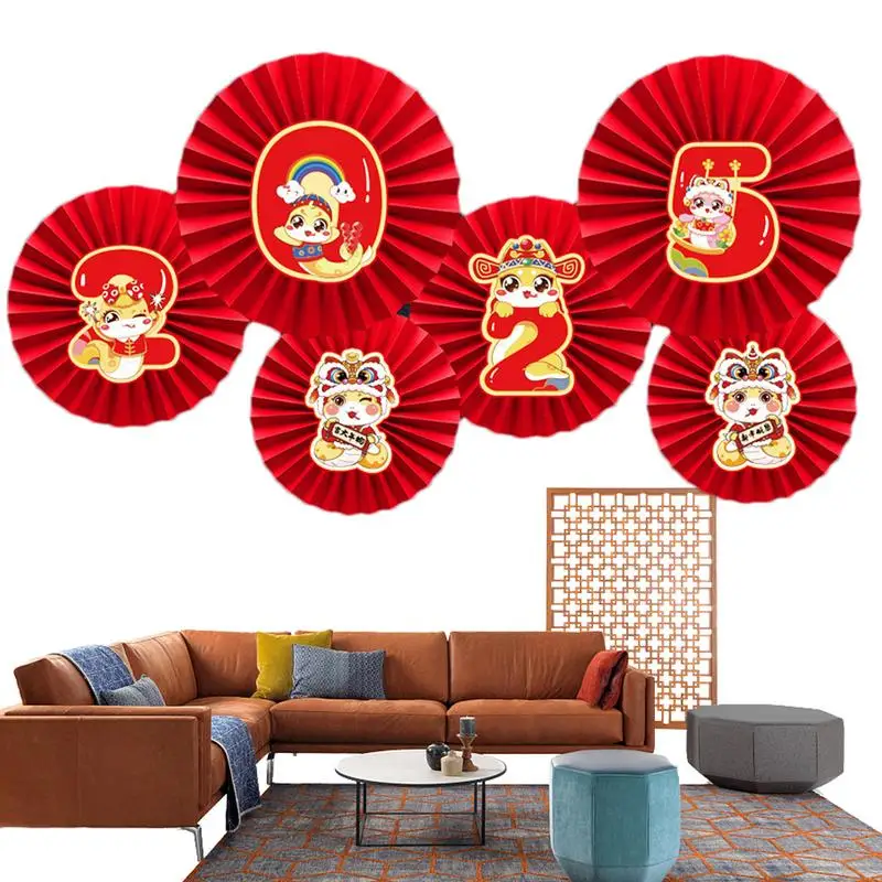 6PCS Chinese New Years Paper Fans Lunar New Year Decorations 2025 Chinese New Year Ornaments For Wall Door