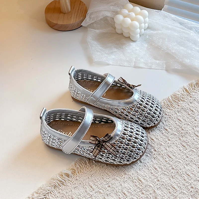 

2026 Spring Summer Style Princess Shoes for Girls, Fashionable Breathable Casual Cute Bow Decor Woven Mary Jane Shoes Pink Green