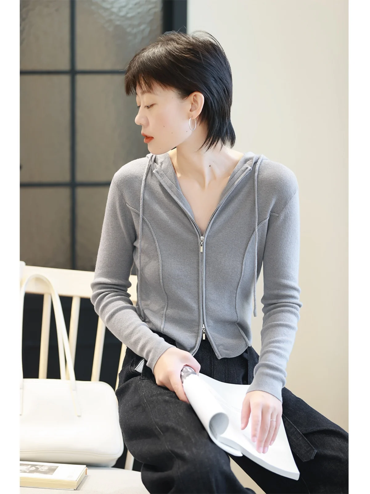 

Австралийский тонкий шерстяной вязаный кардиган с капюшоном, облегающий женский новый осенний топ для поездок на работу, длинная свевая молния ort Length